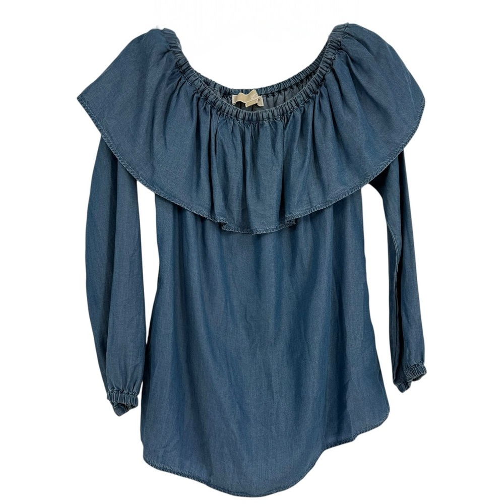 Michael Michael Kors Off Shoulder Chambray Top Blue Size Small 3/4 Sleeves